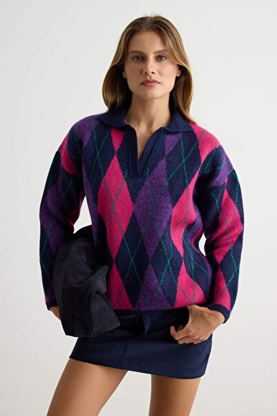 Trendyol Collection Navy Blue Soft Textured Diamond/Plaid Pattern Polo Collar...