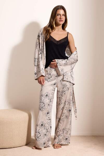 Trendyol Collection Black-Ecru Premium Floral Satin Woven Pajama Set Thmaw27P...