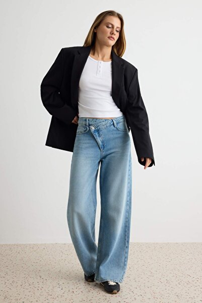 Trendyol Collection Premium Blue Tencel Blended Regular Waist Wide Leg Jeans ...