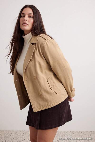 Trendyol Curve Beige Plus Size Denim Jacket Tbbaw26Ag00004