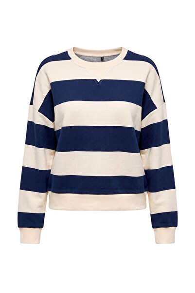 Trendyol Collection Navy Blue Ecru Striped Oversize/Wide Cut Crew Neck Knitte...