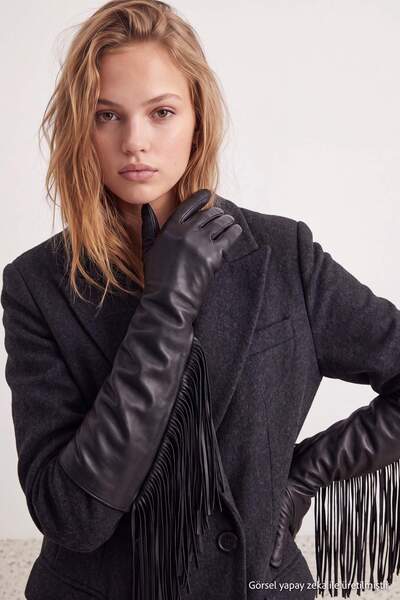 TRENDYOL SHOES Black Tassel Detailed Women's Leather Gloves Takaw27Ed00014
