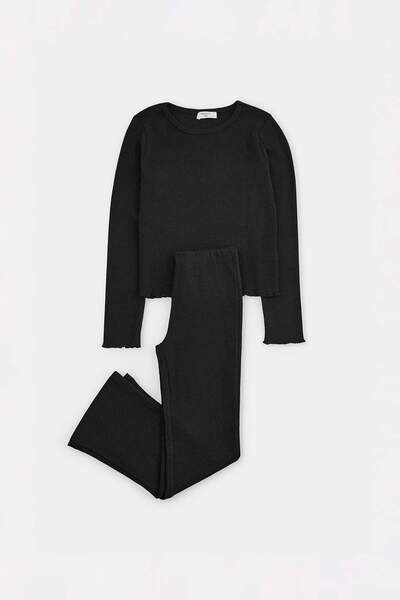 TRENDYOLKIDS Black Plain Knitted Bottom - Top Set Tkdaw27Au00041
