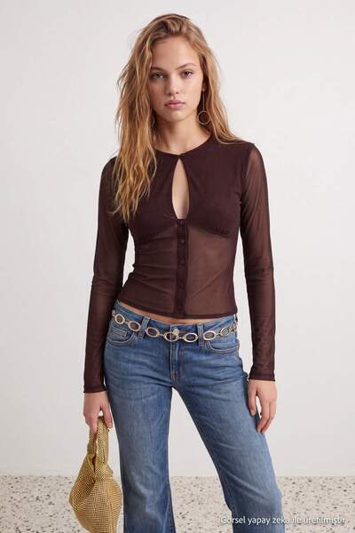 Trendyol Collection Dark Brown Drop-Collar Buttoned Tulle Blouse Tpraw27Bz00040