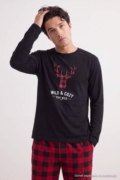 Trendyol Collection Black Regular Fit Plaid / Deer Printed Knitted Pajama Set...