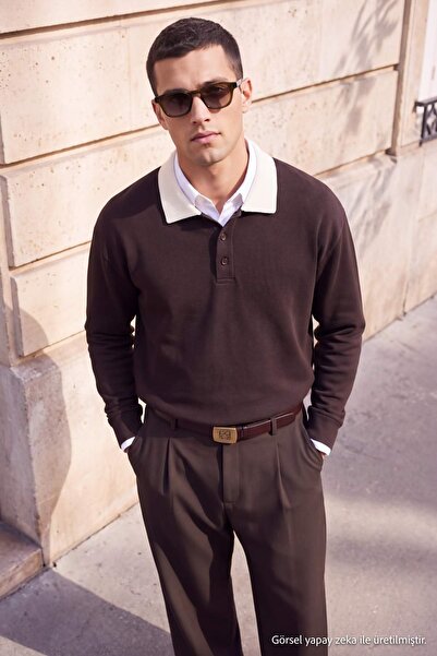 TRENDYOL MAN Kahverengi Düşük Omuz Regular Wardrobe Essentials İnterlok Polo ...