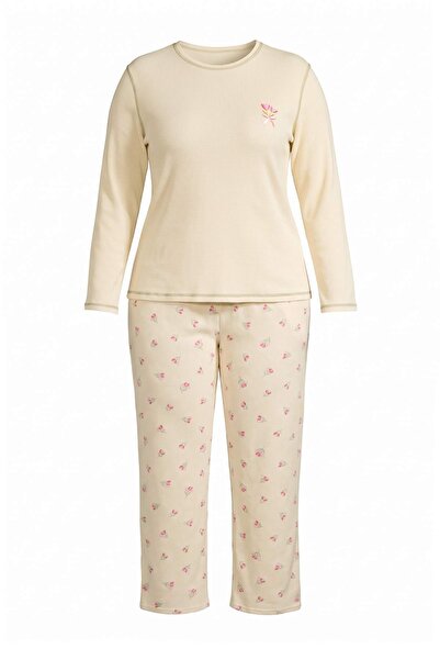 Trendyol Curve Ecru-Rosa weiches Winter-Pyjama-Set aus Waffelstrick mit Schle...