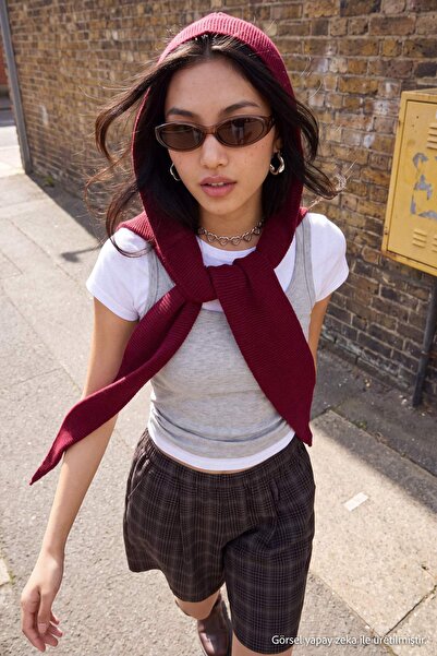 Trendyol Collection Burgundy Hooded Scarf Trend Balaklava Knitwear Twoaw26Br0...