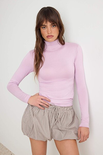 Trendyol Collection Lilac Transparent High Collar Flexible Regular Length Kni...