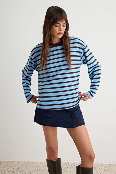 Trendyol Collection Cobalt Blue Plum Striped Oversize/Wide Cut Crew Neck Knit...
