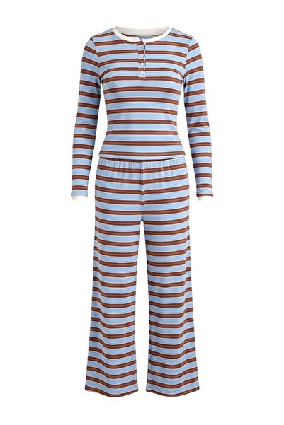 Trendyol Collection Blue Stripes 2. Fabric Detailed Patched Knitted Pajama Se...