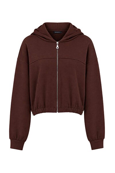 Trendyol Collection Brown Soft Touch Hooded Oversize Crop Knitted Cardigan/Sw...