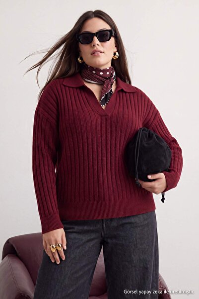 Trendyol Curve Burgunderroter, weich strukturierter, gerippter Strickpullover...