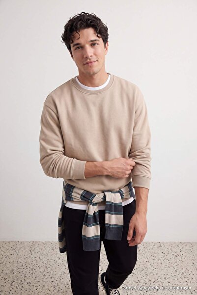TRENDYOL MAN Taş Oversize/Geniş Kesim Pamuklu Basic İçi Polarlı Kalın Sweatsh...