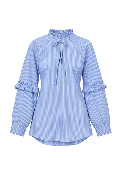 Trendyol Modest Blau-Mehrfarbiges, übergroßes, gestreiftes, gewebtes Popeline...