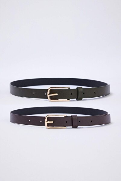 TRENDYOL SHOES Brown-Khaki Double Pack Women's Belt Twoss25Ke00012