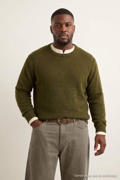 Trendyol Collection Big Size Khaki Regular Fit Crew Neck Knitwear Sweater Tmn...