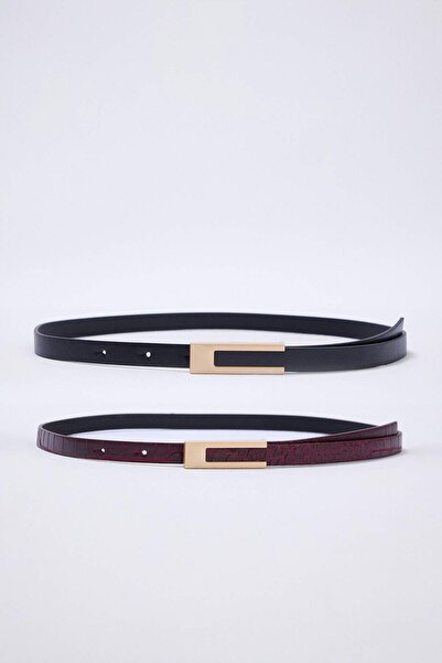 TRENDYOL SHOES Black-Burgundy Double Pack Thin Women's Belt Twoss25Ke00001