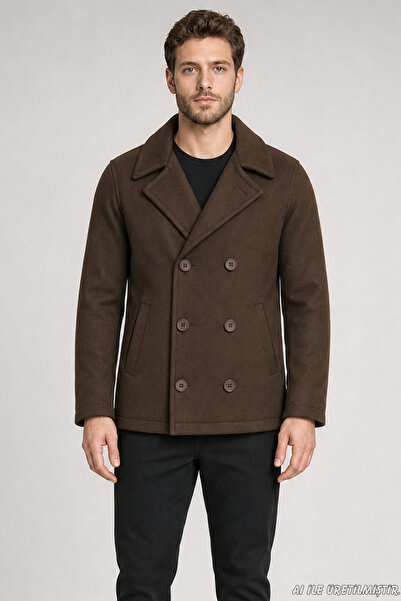 Freemen Men's Brown Double-Breasted Collar Wind-Resistant Winter Cashmere Jac...