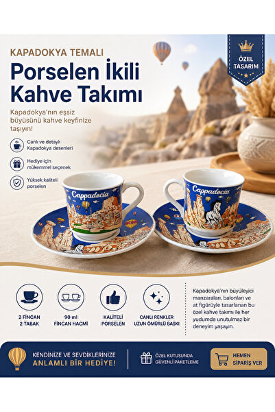 kapadokyahediyelik Kapadokya Temalı Porselen Ikili Kahve Takımı