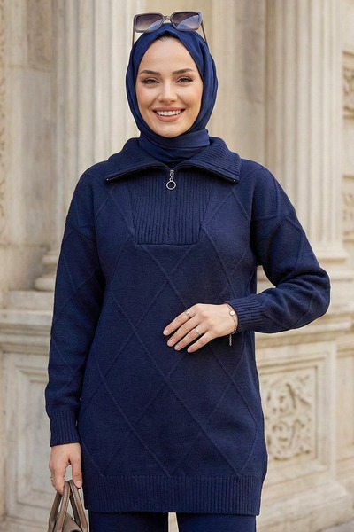 N.S NEVA STYLE Pulover tricotat cu detaliu baklava, albastru închis, stil tes...