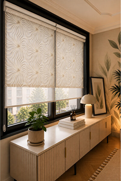 PERDEMANİA Çiftli Sistem Hare Desenli Tül ve Ekru Mat Polyester Stor Perde