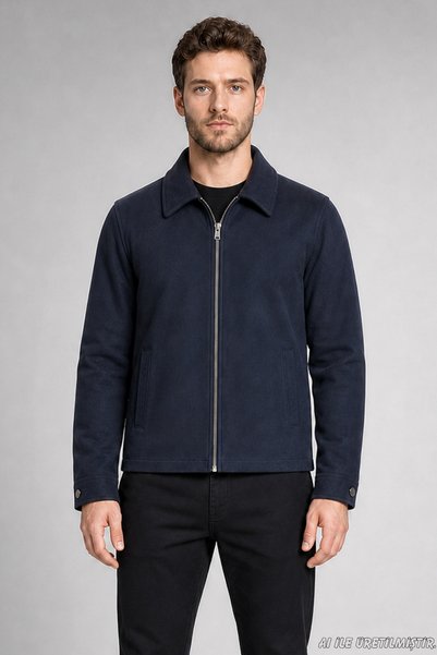Freemen Men's Navy Blue Classic Collar Lined Cashmere Jacket
