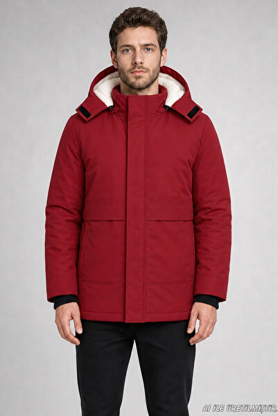Freemen Men's Red Hooded Fur-Lined Water and Wind-Resistant Ribbed Coat