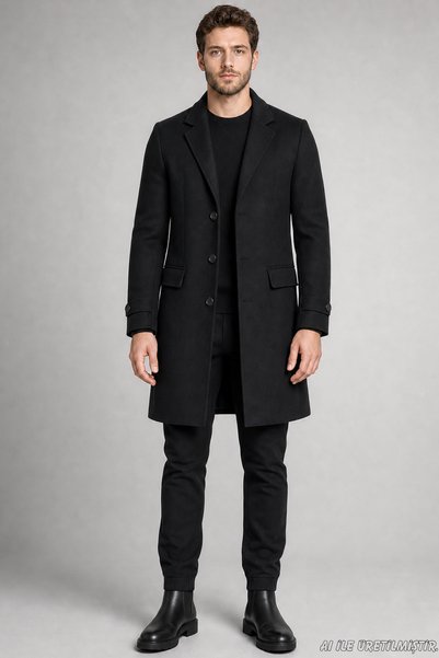Freemen Men's Black Slim Fit Cashmere Coat Classic Collar 3 Buttons Long Cut Winter Coat