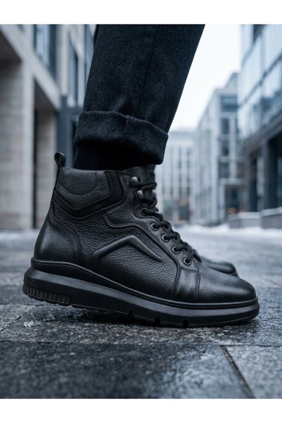 BOA BA0144 Inside and Outside Genuine Leather Zippered Black Men's Sports Half Ankle Boots