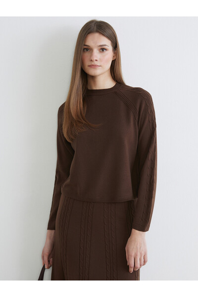 LC Waikiki Lcw Modest Brown Oval Neck Self-Patterned Women's Knitwear Sweater...