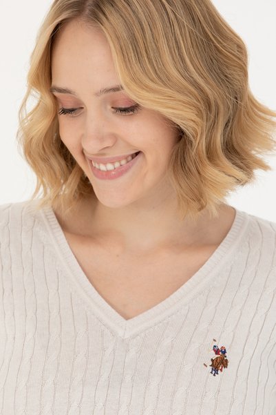 U.S. Polo Assn. Pulover de bază cu decolteu în V ecru pentru damă 50269019 -VR019