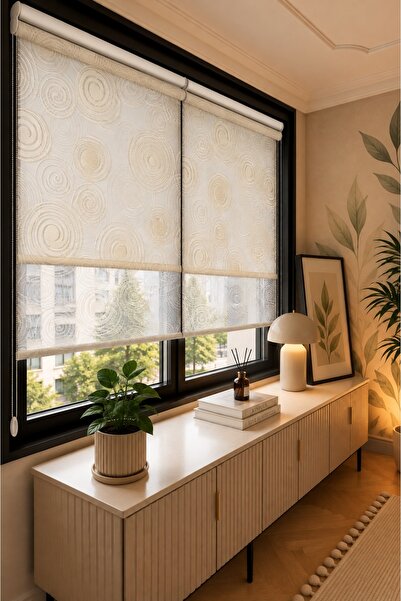 PERDEMANİA Çiftli Sistem Nova Desen Tül ve Ekru Mat Polyester Stor Perde