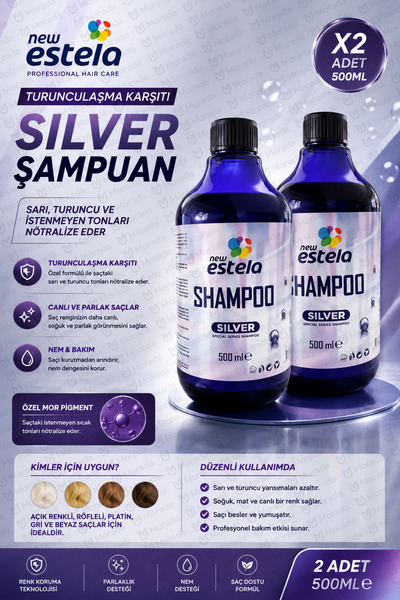 new estela TURUNCULAŞMA KARŞITI SİLVER ŞAMPUAN / MOR ŞAMPUAN 500ML X2 ADET