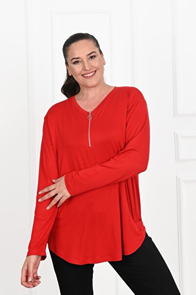 Koza Butik Women's Half Zipper Detailed Plus Size Blouse 1387-23