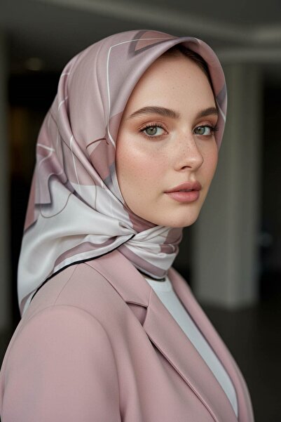 VİOLLA Twill Eşarp 90x90 Geometrik Desenli İpek İçermez El Dikişli Kadın Eşarp