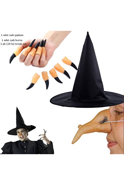 partidolu Halloween Siyah Renk Dralon Kumaş Cadı Şapkası Burnu ve Tırnağı 3 l...