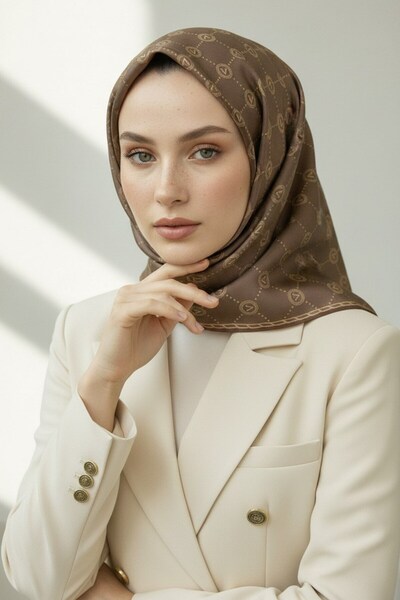 Vissona %100 Twill İpek Eşarp 90x90 Sütlü Kahve Monogram Desenli El Dikişli Kadın Eşarp