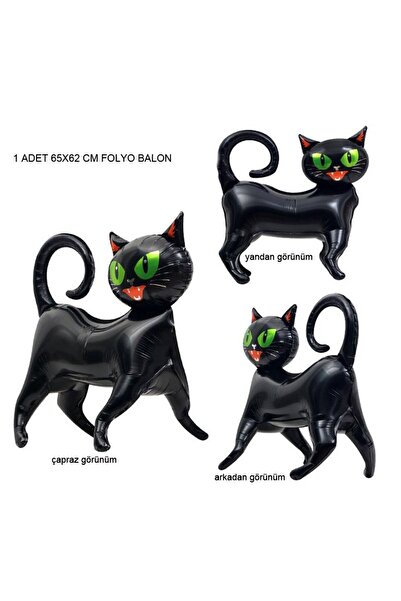 partidolu Halloween Ayakta Siyah Renk Kedi Şekilli Folyo Balon 65x62 cm