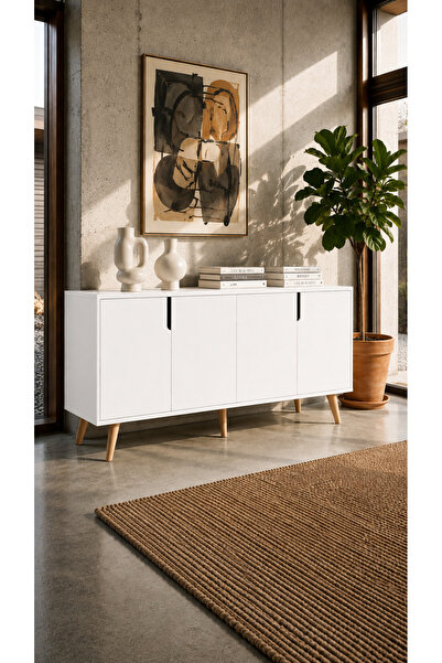 VM VERTEX MOBİLYA Latina Modern Konsol 180 cm | Beyaz | 4 Kapaklı | Ahşap Aya...
