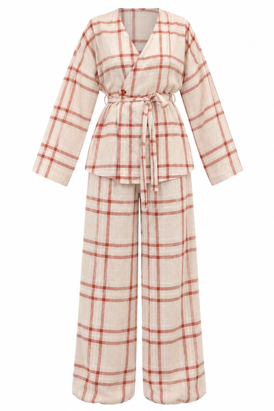My Blog Red Plaid Kimono Shalwar Set - 2Y0993