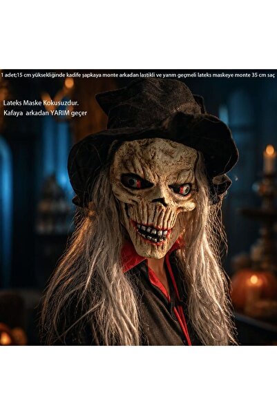 partidolu Halloween Gümüş Saçlı Lateks Cadı Maskesi Şapkalı Yetişkin 1 Adet