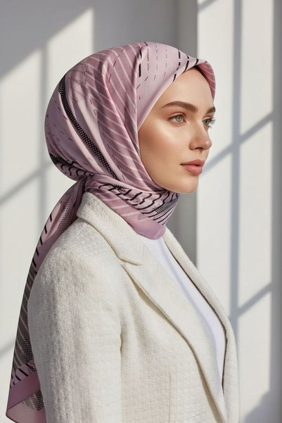 Vissona KREP ÇİZGİLİ DESENLİ PUDRA - GRİ RENKLİ 75X195 KIRIŞMAZ ŞAL