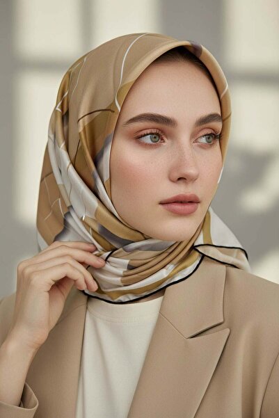 VİOLLA Twill Eşarp 90x90 Geometrik Desenli İpek İçermez El Dikişli Kadın Eşarp