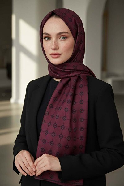 Vissona %100 Saf İpek Şal İnce Saten Vual Dokuma V Logo Desenli Bordo 2 Renkl...