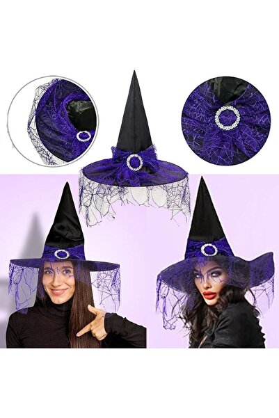partidolu Halloween Sarkan Mor Dantelli Cadı Şapkası Yetişkin Mor Renk 1 Adet...