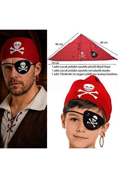 partidolu Kırmızı Renk Halloween Plastik Korsan Maske Küpe Bandana Seti 3 Parça