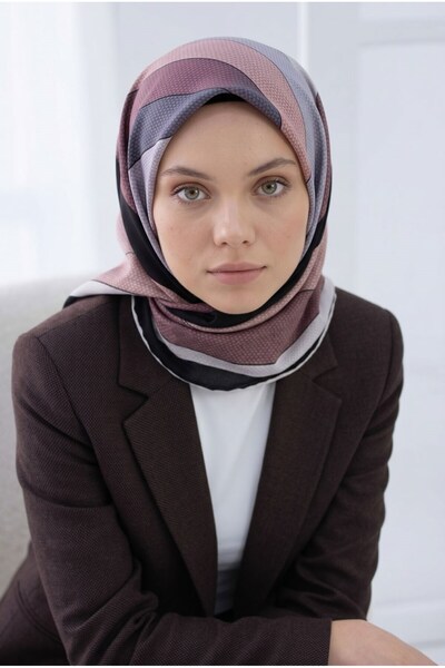 Vissona %100 Twill İpek Eşarp 90x90 Siyah Krem Çizgili Geometrik Desenli El D...