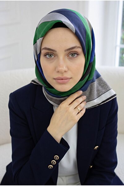 Vissona %100 Twill İpek Eşarp 90x90 Siyah Krem Çizgili Geometrik Desenli El D...