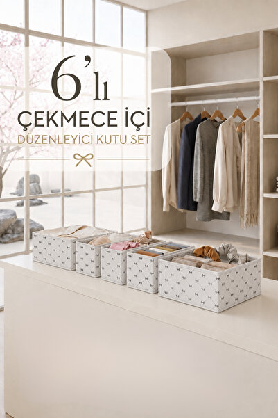 Textia Home Σετ 6 κουτιών οργάνωσης με σχέδιο φιόγκου για συρτάρια και ντουλά...